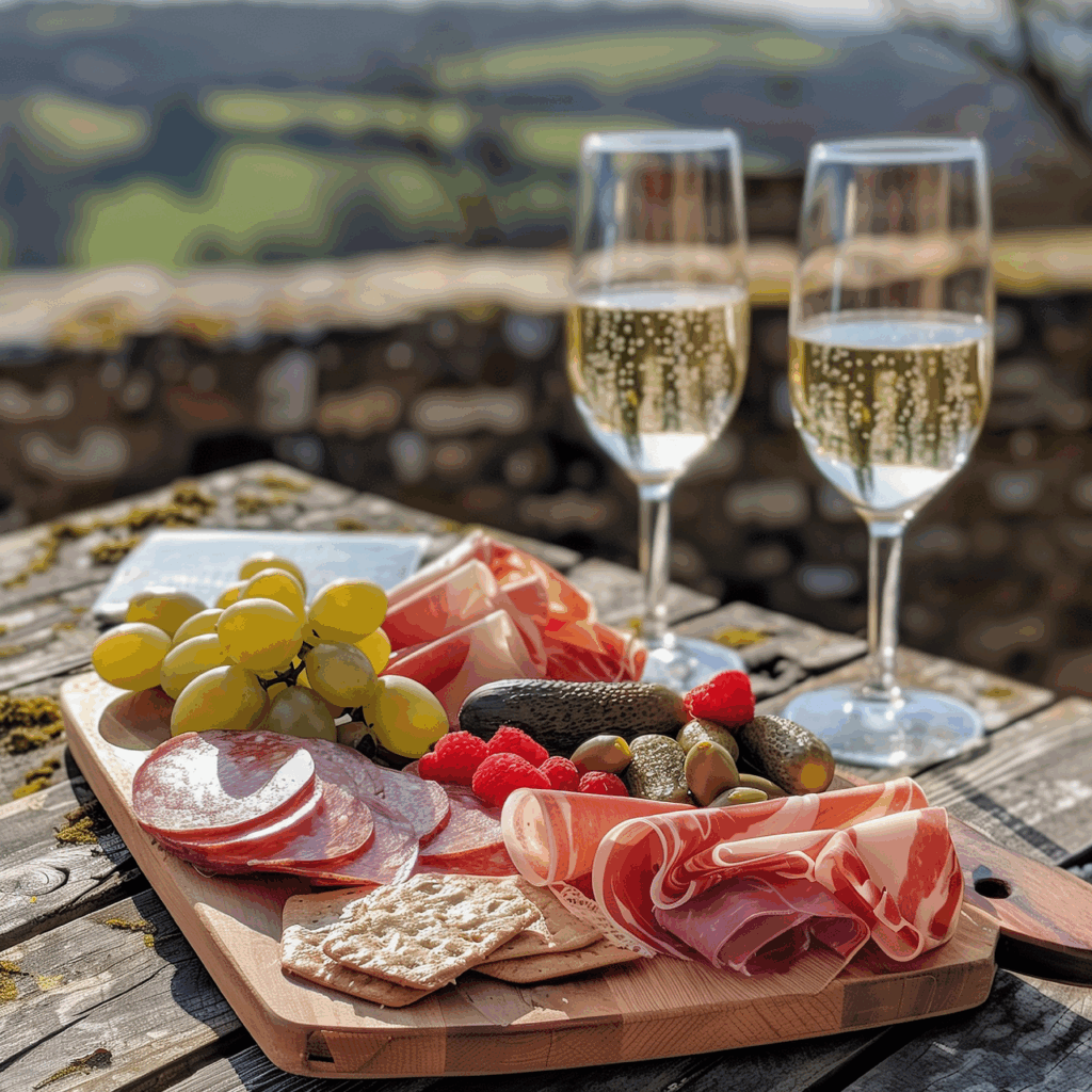 A photo of a charcuterie board with two glasses of champagne