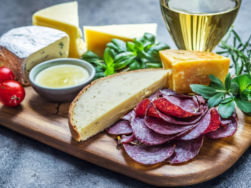 A photo of a charcuterie meat and cheese tray with a glass of wine.