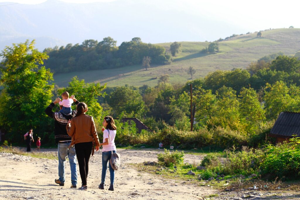 A photo of a family on a hike in the mountains