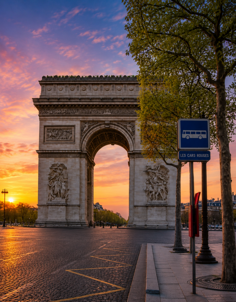 Arc de Triomphe at dusk Paris France